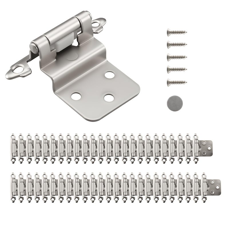 HOME MASTER HARDWARE 50 Packs (25 Pairs) 3/8" Inset Satin Nickel Cabinet Hinges, Self Closing Cabinet Door Hinges with Door Bumper, Semi-Concealed Hinges for Kitchen/Furniture Cabinets & Doors - Image 1